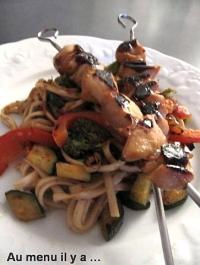 Brochettes de Poulet Yakitori sur son Lit de Udon et Lgumes Sauts